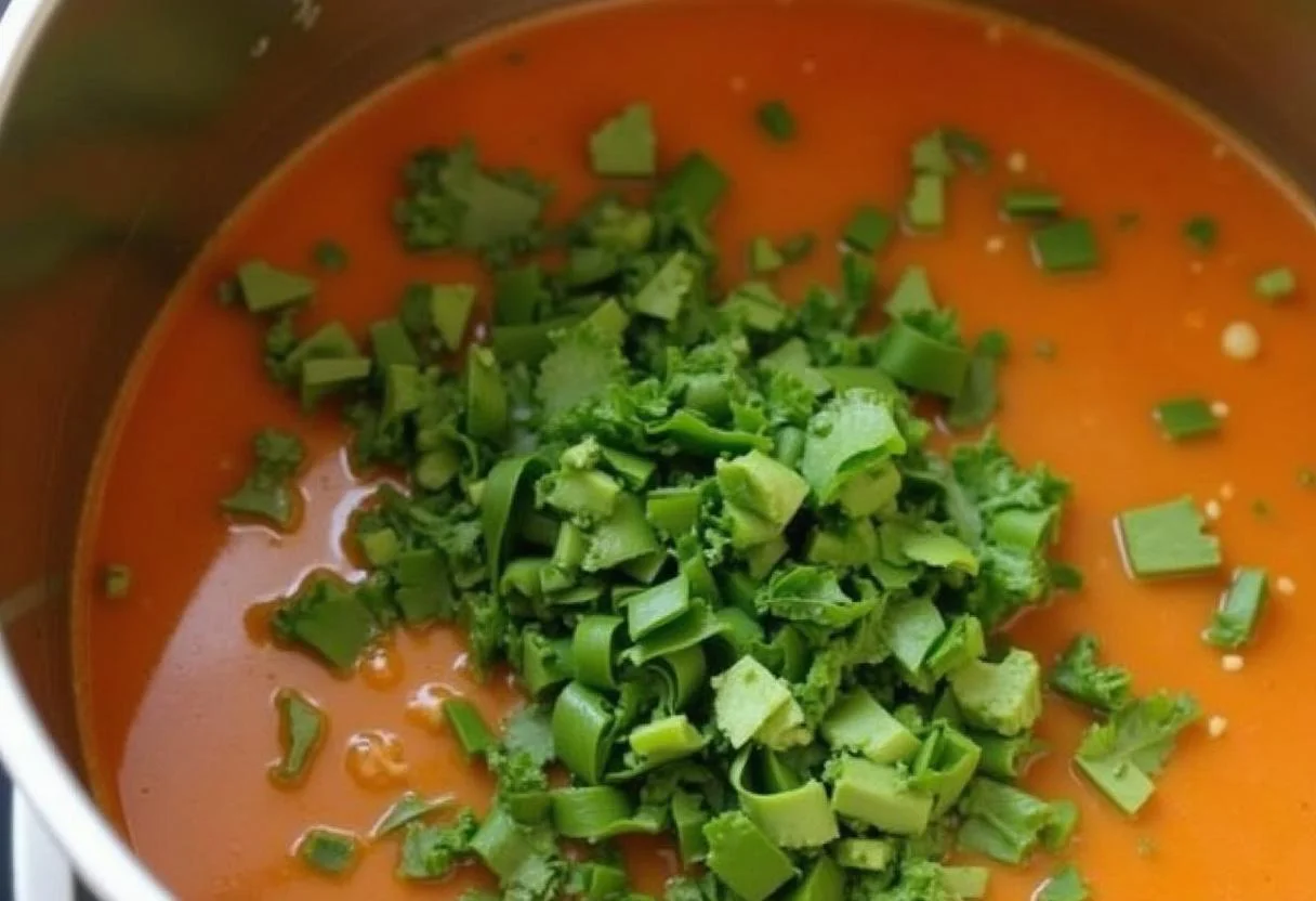 Ajout d'herbes fraĂźches Ă la soupe de pois chiche pour une touche finale de fraĂźcheur.