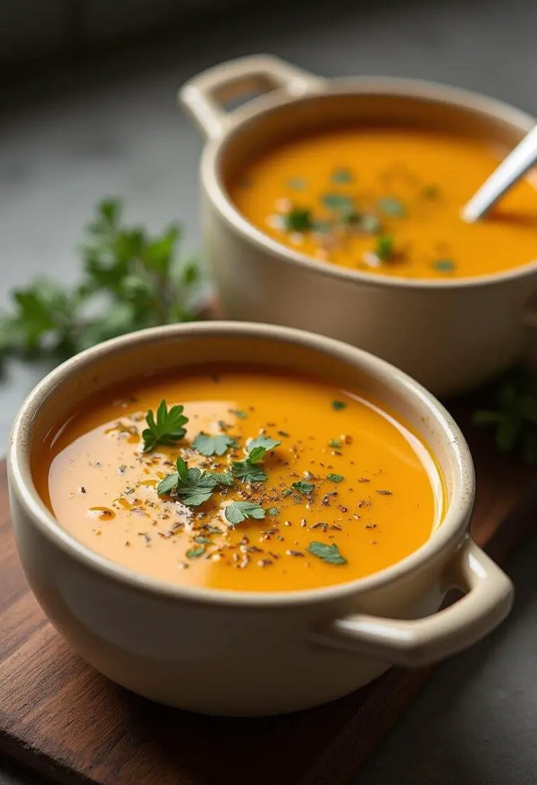 Soupe poireaux pommes de terre réconfortante servie chaude dans un bol, avec des herbes fraßches et un filet d'huile d'olive.