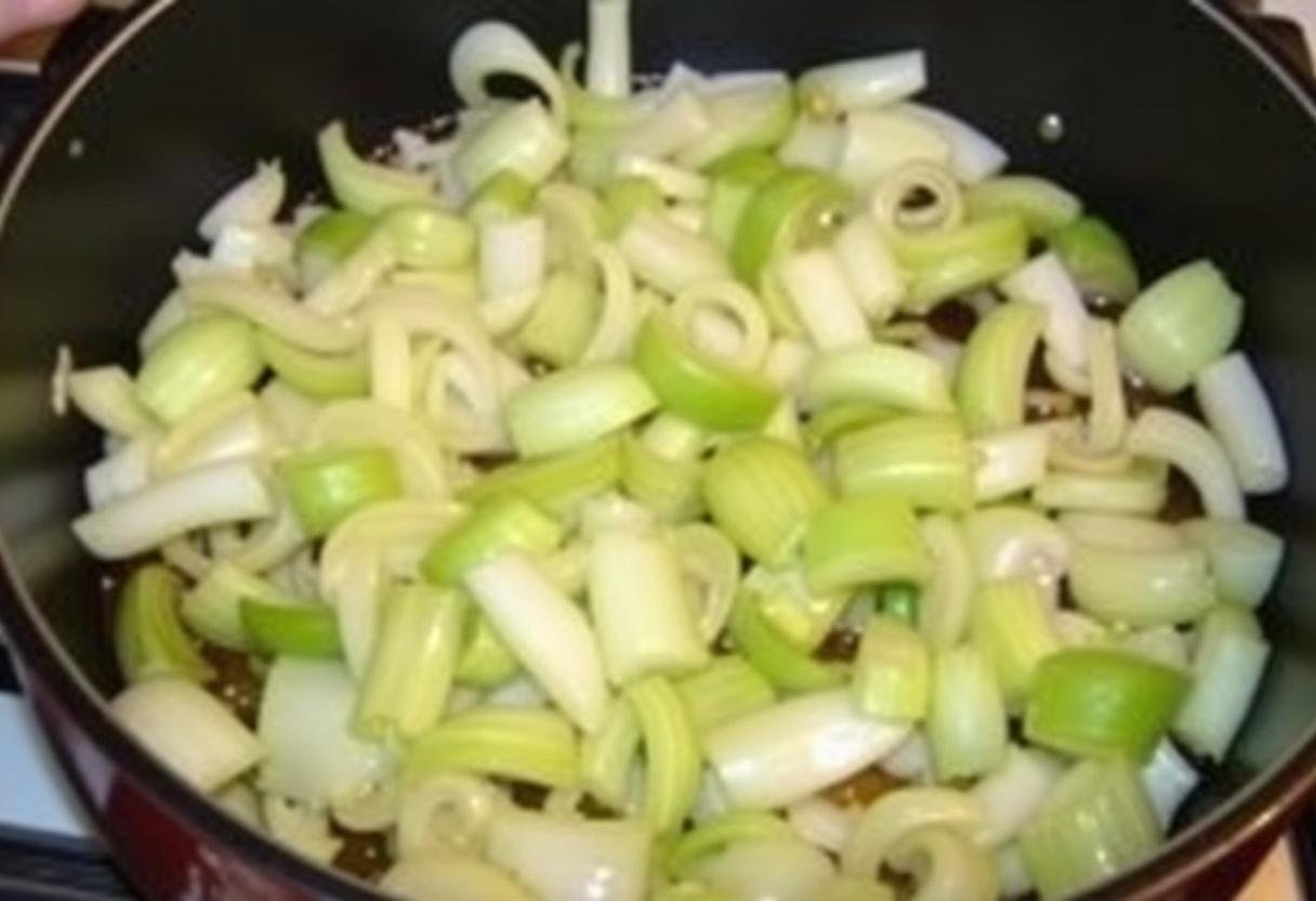 Préparation des poireaux pour la soupe aux poireaux et pommes de terre, cuisson douce des poireaux dans une grande casserole.