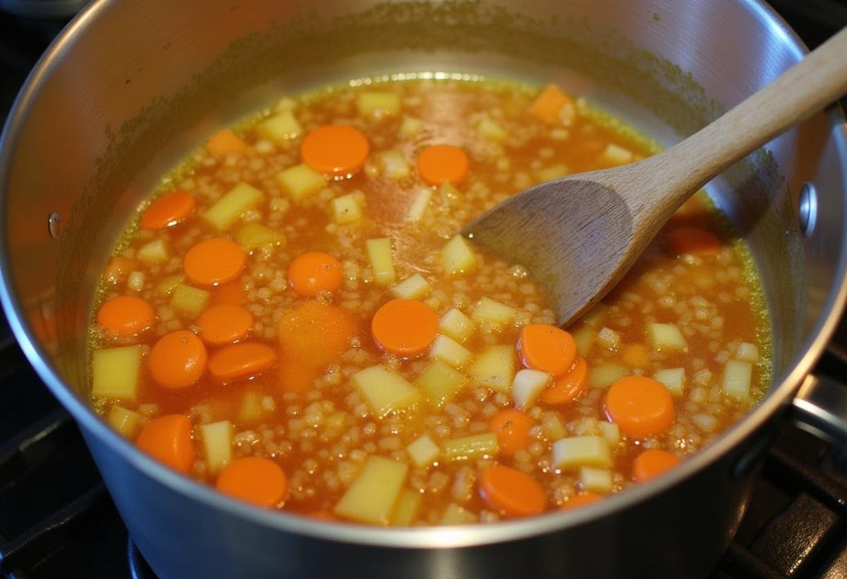 Mijotage de la soupe aux poireaux et pommes de terre, respectant le temps de cuisson pour des légumes tendres.