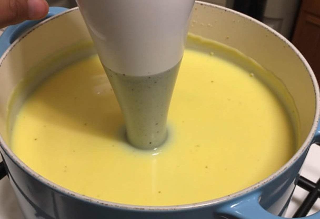 Mixage de la soupe de poireaux recette avec un blender plongeant pour une consistance crémeuse et onctueuse.