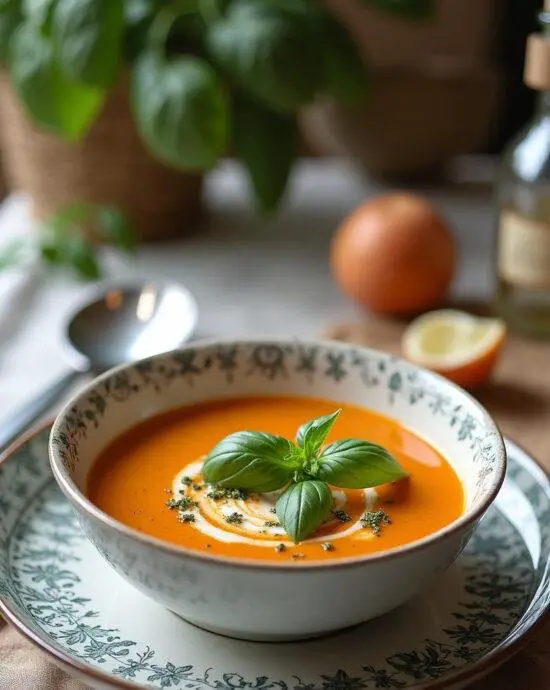Soupe Provençale Estivale au Pistou servie dans un bol, garnie de feuilles de basilic frais et d'un filet d'huile d'olive, sur une table joliment décorée.
