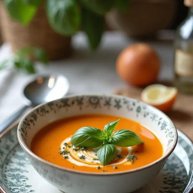 Soupe Provençale Estivale au Pistou servie dans un bol, garnie de feuilles de basilic frais et d'un filet d'huile d'olive, sur une table joliment décorée.