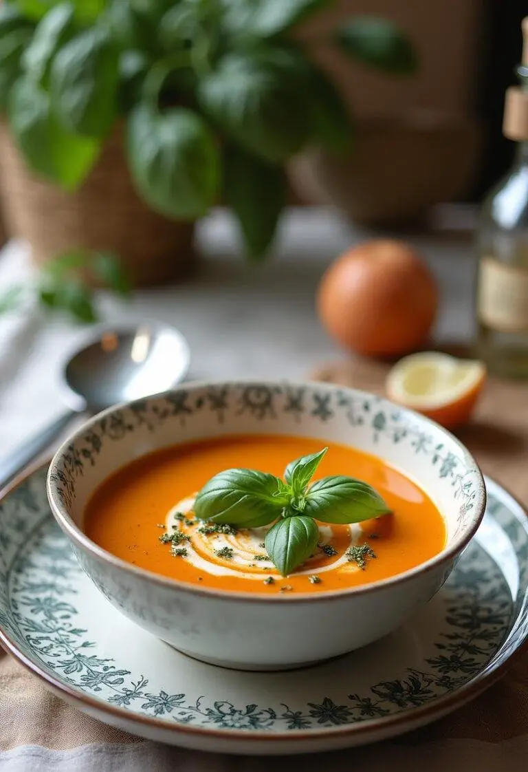 Soupe Provençale Estivale au Pistou servie dans un bol, garnie de feuilles de basilic frais et d'un filet d'huile d'olive, sur une table joliment décorée.