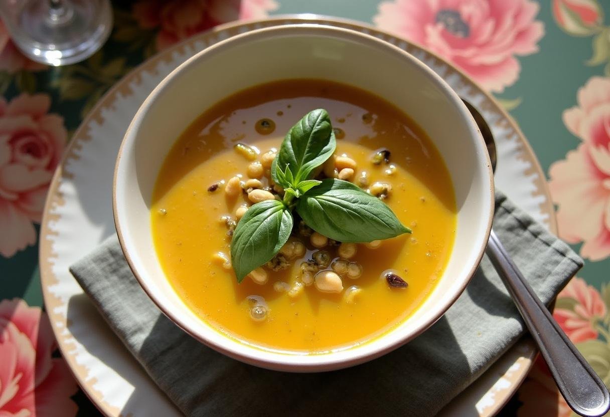 Soupe Provençale Estivale au Pistou servie dans un bol, garnie de feuilles de basilic frais et d'un filet d'huile d'olive, sur une table joliment décorée.