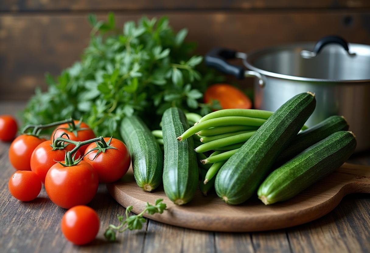 Ingrédients frais pour la soupe au pistou provençale, y compris des courgettes, des haricots verts et des tomates sur une table en bois rustique.