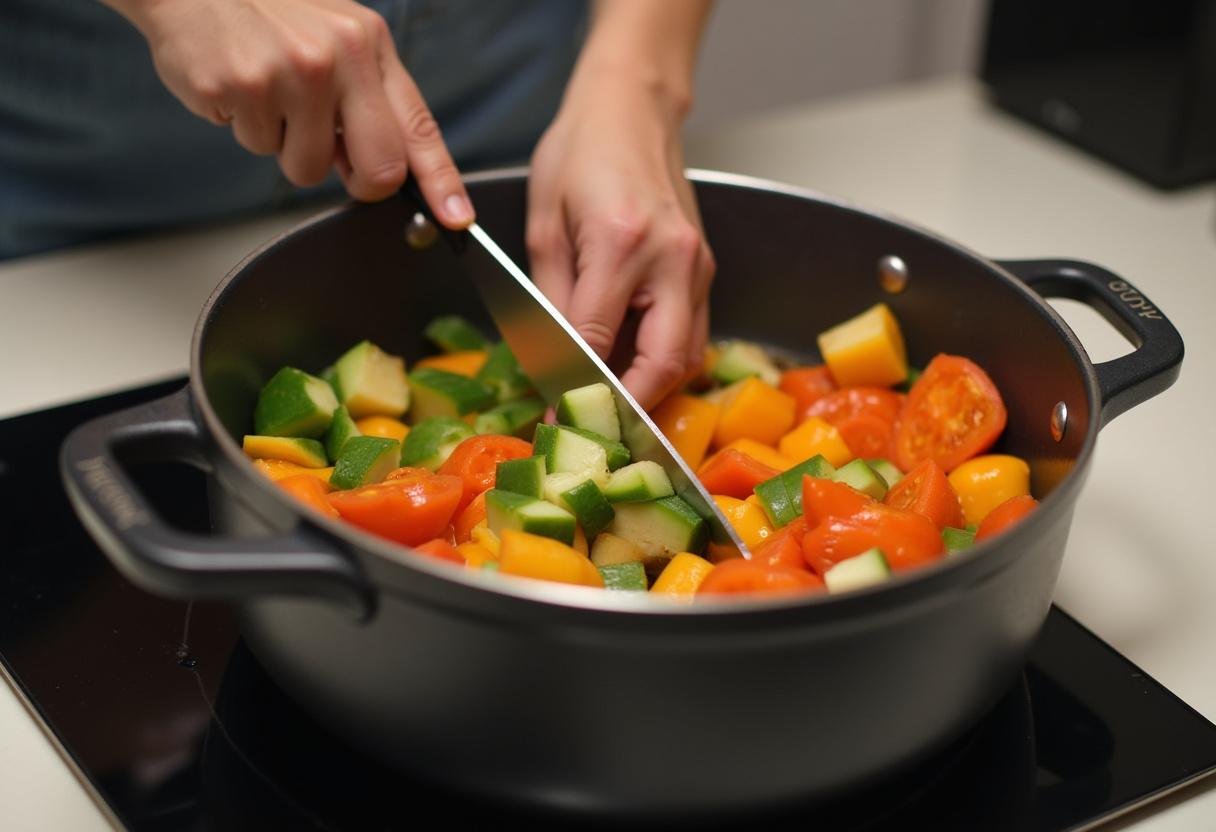 Légumes colorés hachés pour la soupe au pistou, avec une casserole sur le feu, prêts à être cuisinés.