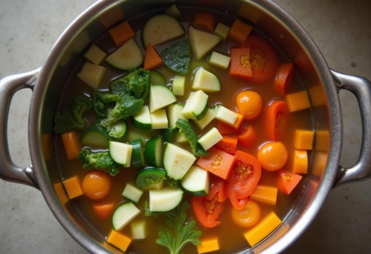 L'ajout de légumes hachés à une casserole de bouillon frémissant pour créer une délicieuse soupe au pistou provençale.