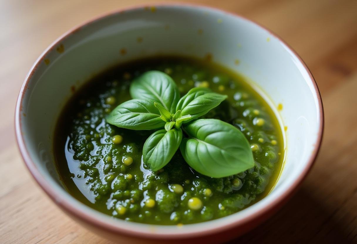Préparation d'un pesto de basilic frais pour la soupe au pistou provençale, mettant en valeur des feuilles de basilic vert vif et de l'huile d'olive.