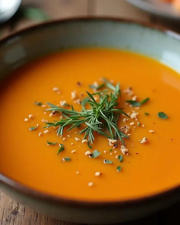 Présentation finale de la soupe au poireau carotte dans un bol, décorée avec des herbes fraîches sur une table rustique.