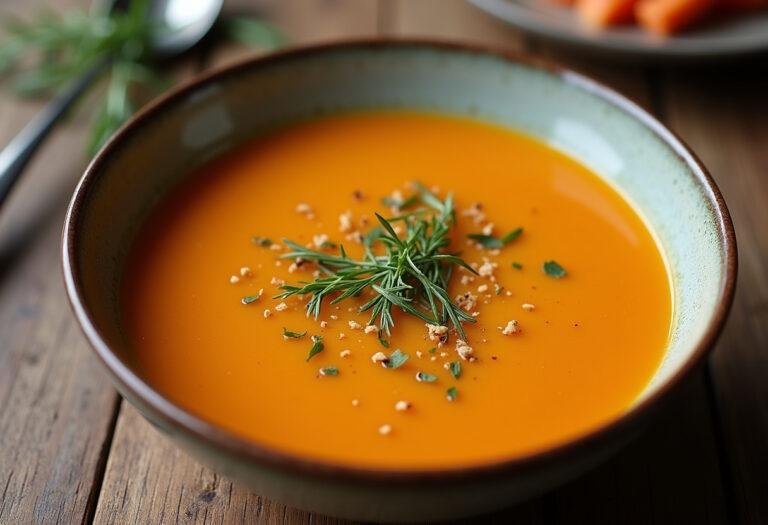 Présentation finale de la soupe au poireau carotte dans un bol, décorée avec des herbes fraßches sur une table rustique.