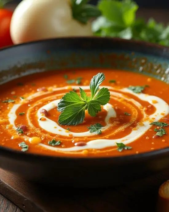 Présentation artistique de la soupe veloutée de patate douce et carotte, servie avec du pain croustillant et des légumes frais.