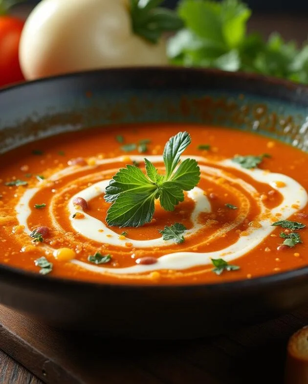 Présentation artistique de la soupe veloutée de patate douce et carotte, servie avec du pain croustillant et des légumes frais.