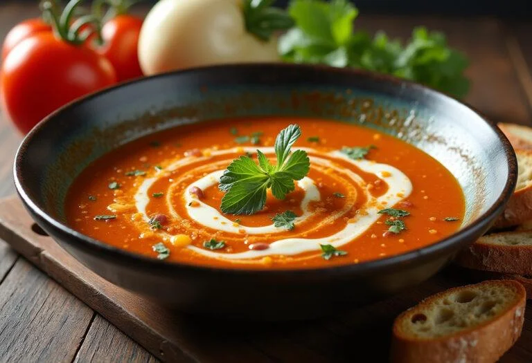 Présentation artistique de la soupe veloutée de patate douce et carotte, servie avec du pain croustillant et des légumes frais.