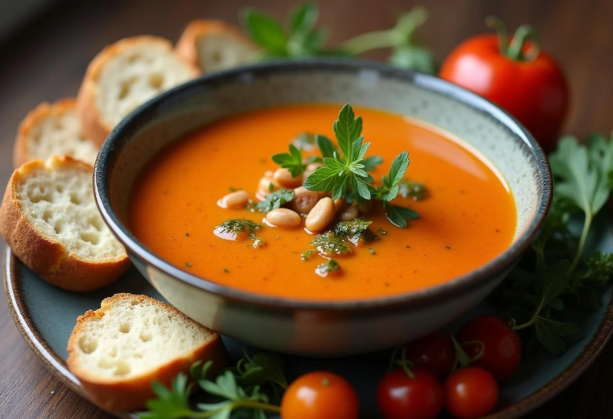 Présentation artistique de la soupe veloutée de patate douce et carotte, servie avec du pain croustillant et des légumes frais.
