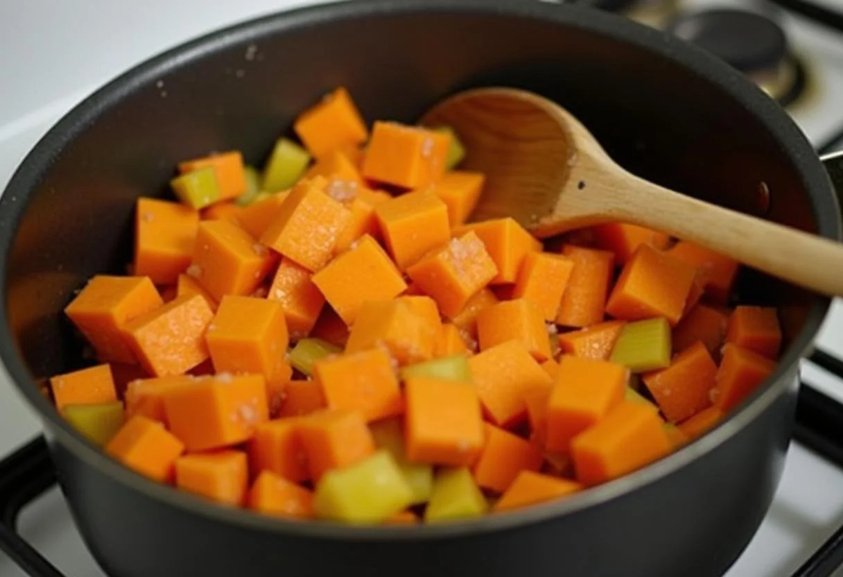Pot de soupe prĂ©parĂ© avec des morceaux de patate douce et de carotte, prĂȘt Ă ĂȘtre cuit pour une soupe veloutĂ©e savoureuse.