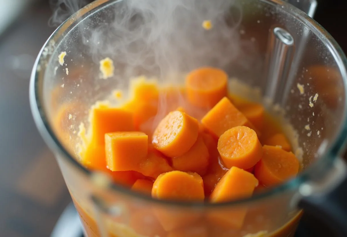 Mixeur en action créant une texture veloutée avec la patate douce et la carotte pour une délicieuse soupe.
