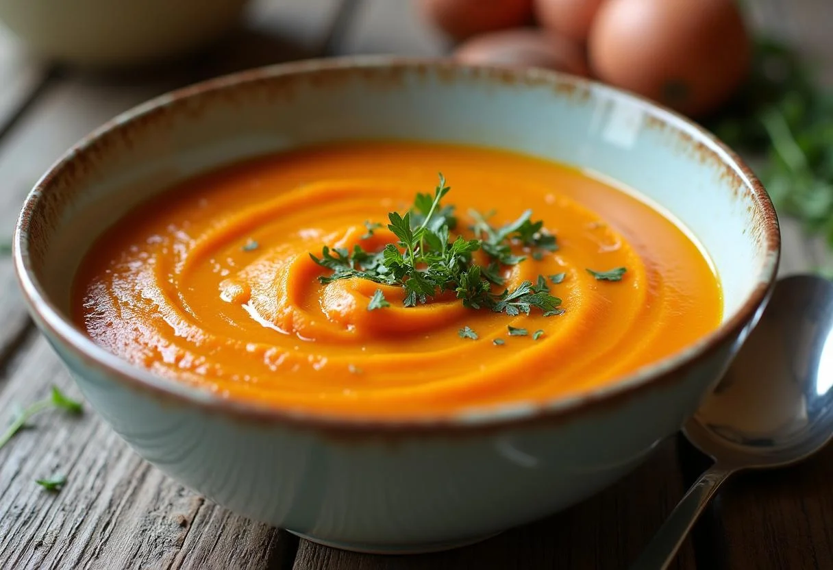 Bol de soupe veloutĂ©e Ă la patate douce et carotte dĂ©corĂ© avec des herbes fraĂźches, prĂȘt Ă ĂȘtre dĂ©gustĂ©.