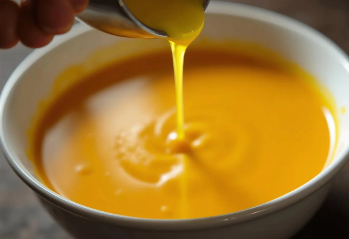 Soupe veloutée finie à base de patate douce et carotte, versée dans un bol, reflet onctueux et appétissant.