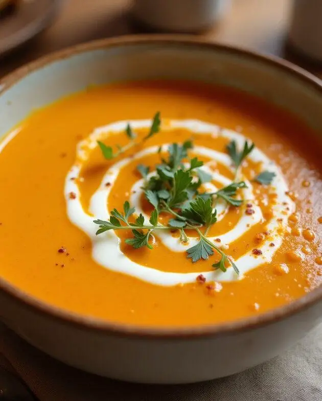 Bol de soupe au potiron carotte joliment présenté, garni d'un tourbillon de crème et d'herbes fraîches sur une table en bois.