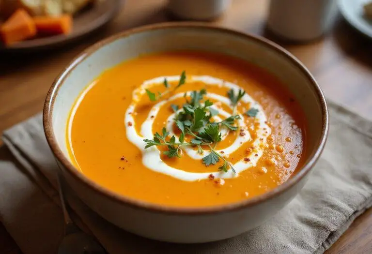 Bol de soupe au potiron carotte joliment présenté, garni d'un tourbillon de crÚme et d'herbes fraßches sur une table en bois.