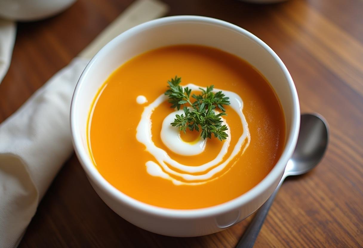 Bol de soupe au potiron carotte joliment présenté, garni d'un tourbillon de crÚme et d'herbes fraßches sur une table en bois.