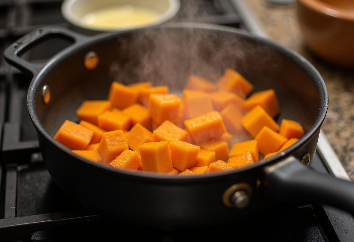 Sauté de potiron et carottes pour une soupe au potiron carotte, avec de l'huile d'olive dans une casserole sur la cuisiniÚre.