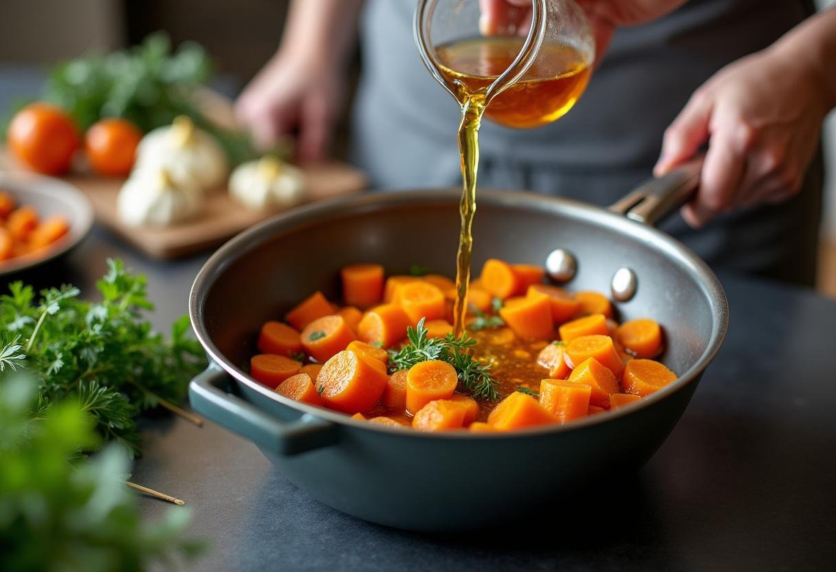 Ajout de bouillon de légumes à la casserole pour une soupe potiron carotte réconfortante, avec des herbes fraßches à proximité.