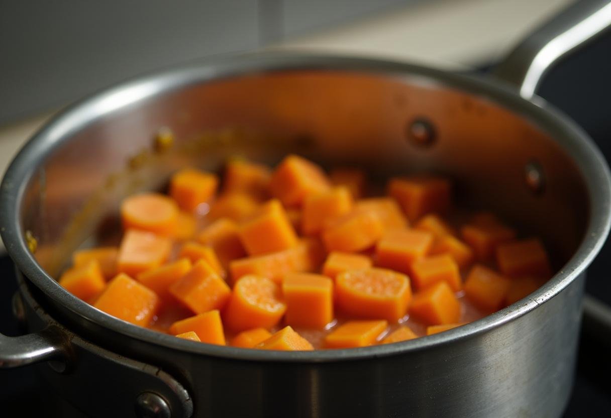 Casserole de soupe au potiron carotte mijotant sur le feu, avec un couvercle légÚrement ouvert, révélant le mélange coloré.
