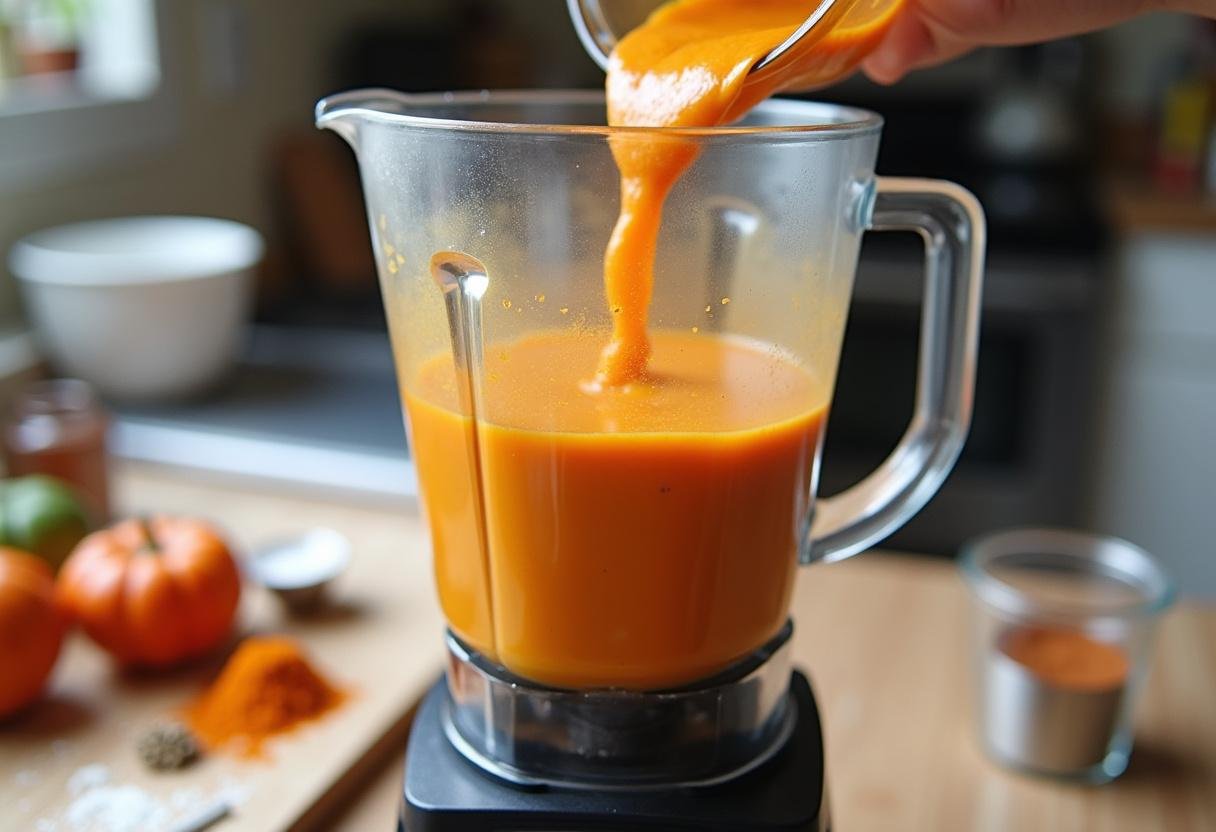MĂ©langeur prĂȘt Ă transformer la prĂ©paration de la soupe au potiron carotte, entourĂ© de tasses Ă mesurer et d'Ă©pices.