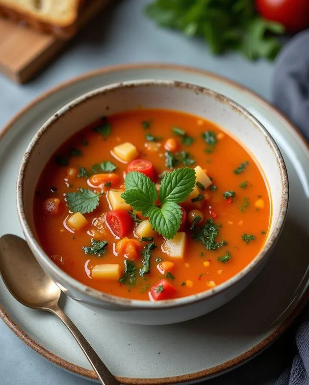 Soupe de légumes variés servie, mettant en valeur la richesse des saveurs de la soupe de légumes au thermomix.