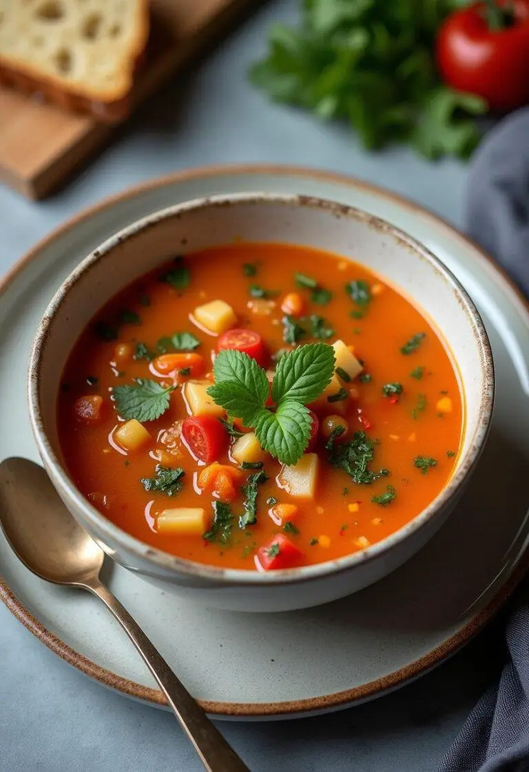 Soupe de légumes variés servie, mettant en valeur la richesse des saveurs de la soupe de légumes au thermomix.