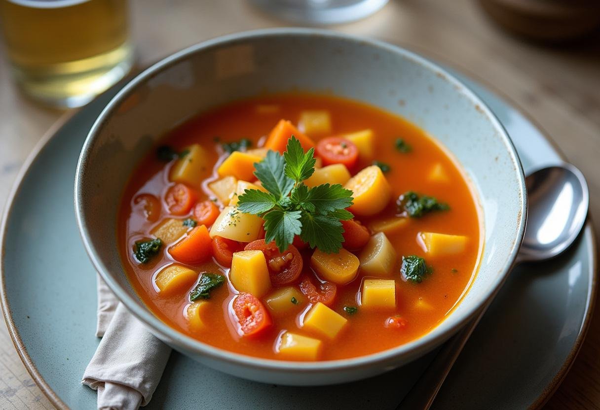 Soupe de légumes variés servie, mettant en valeur la richesse des saveurs de la soupe de légumes au thermomix.