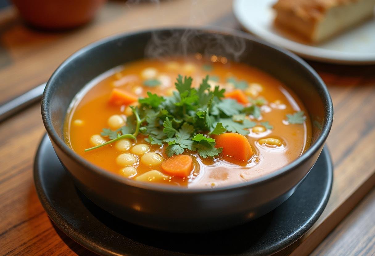 Service de la soupe de légume thermomix dans un bol, prête à savourer.