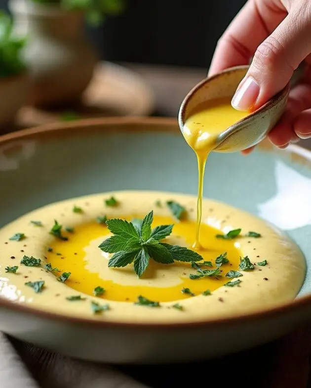 Présentation de la soupe de petits pois avec des herbes fraîches et un filet d'huile d'olive, montrant une magnifique soupe au petit pois dans un bol élégant.