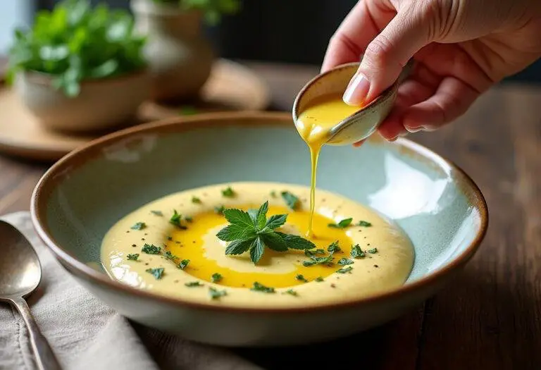 Présentation de la soupe de petits pois avec des herbes fraßches et un filet d'huile d'olive, montrant une magnifique soupe au petit pois dans un bol élégant.