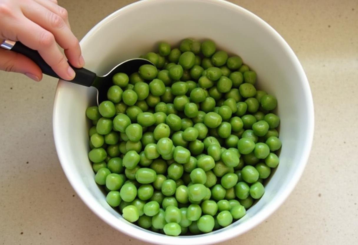 Préparation des petits pois frais pour la soupe au petit pois, montrant des pois verts vibrants dans un bol sur un plan de travail propre.