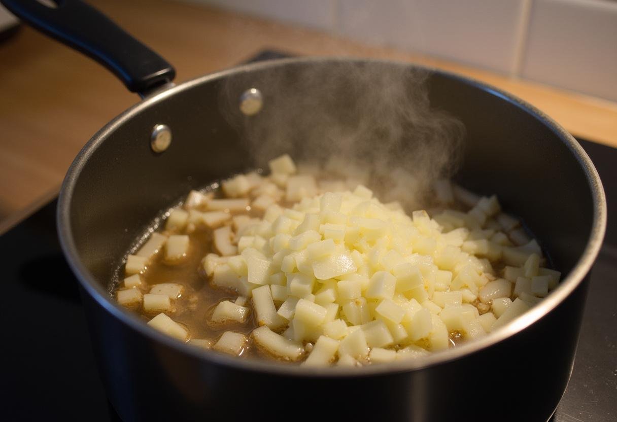 Cuisson des oignons et de l'ail pour la soupe petits pois, montrant une casserole chaleureuse avec des ingrédients dorés à feu doux.