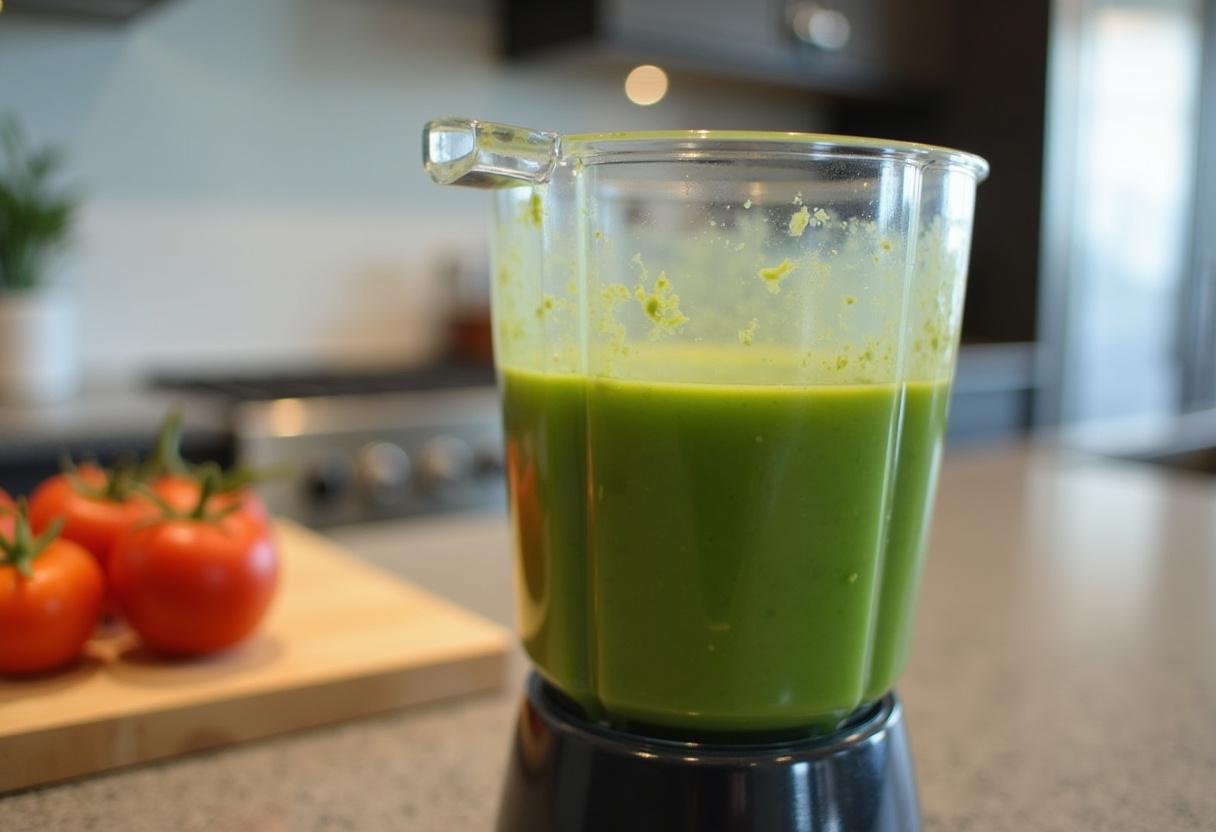 Mixage de la soupe au petit pois pour obtenir une consistance lisse, avec un mélangeur rempli d'un mélange vert éclatant.
