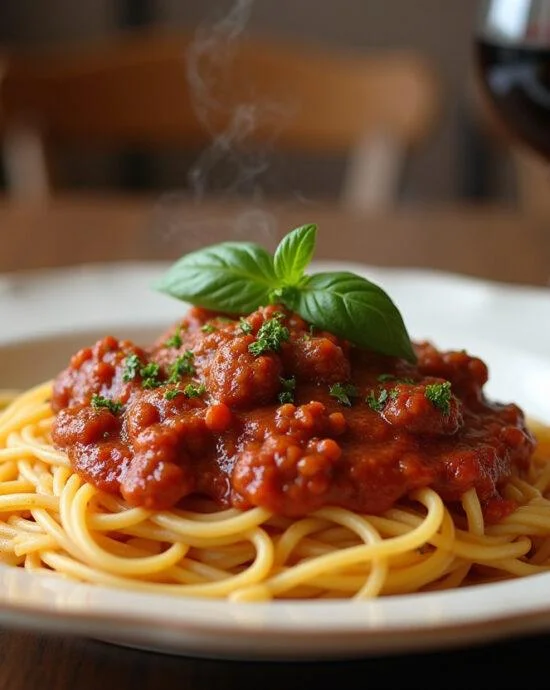 Spaghetti bolognaise express au Cookeo, servi avec du vin rouge, image d'une table bien dressée.