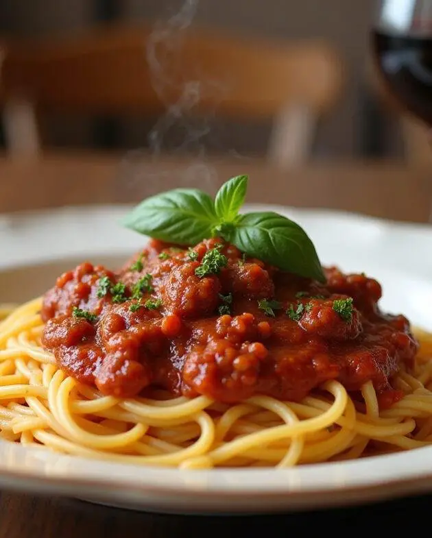 Spaghetti bolognaise express au Cookeo, servi avec du vin rouge, image d'une table bien dressée.