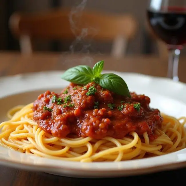 Spaghetti bolognaise express au Cookeo, servi avec du vin rouge, image d'une table bien dressée.