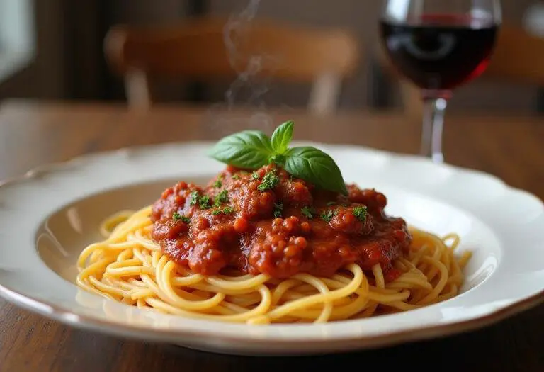 Spaghetti bolognaise express au Cookeo, servi avec du vin rouge, image d'une table bien dressée.