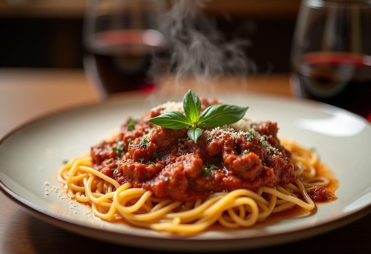 Spaghetti bolognaise express au Cookeo, servi avec du vin rouge, image d'une table bien dressée.