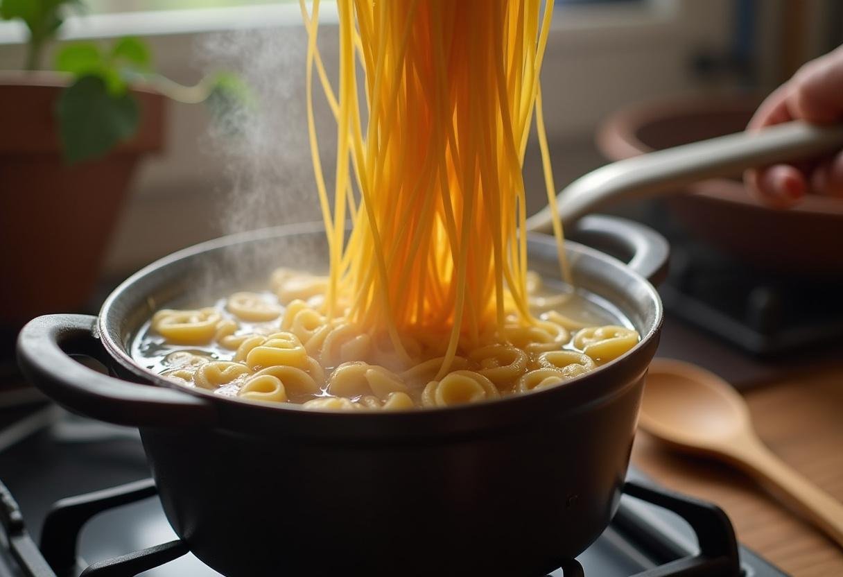 Ajout de spaghetti dans une casserole d'eau bouillante pour préparer des spaghetti bolognaise cookeo.