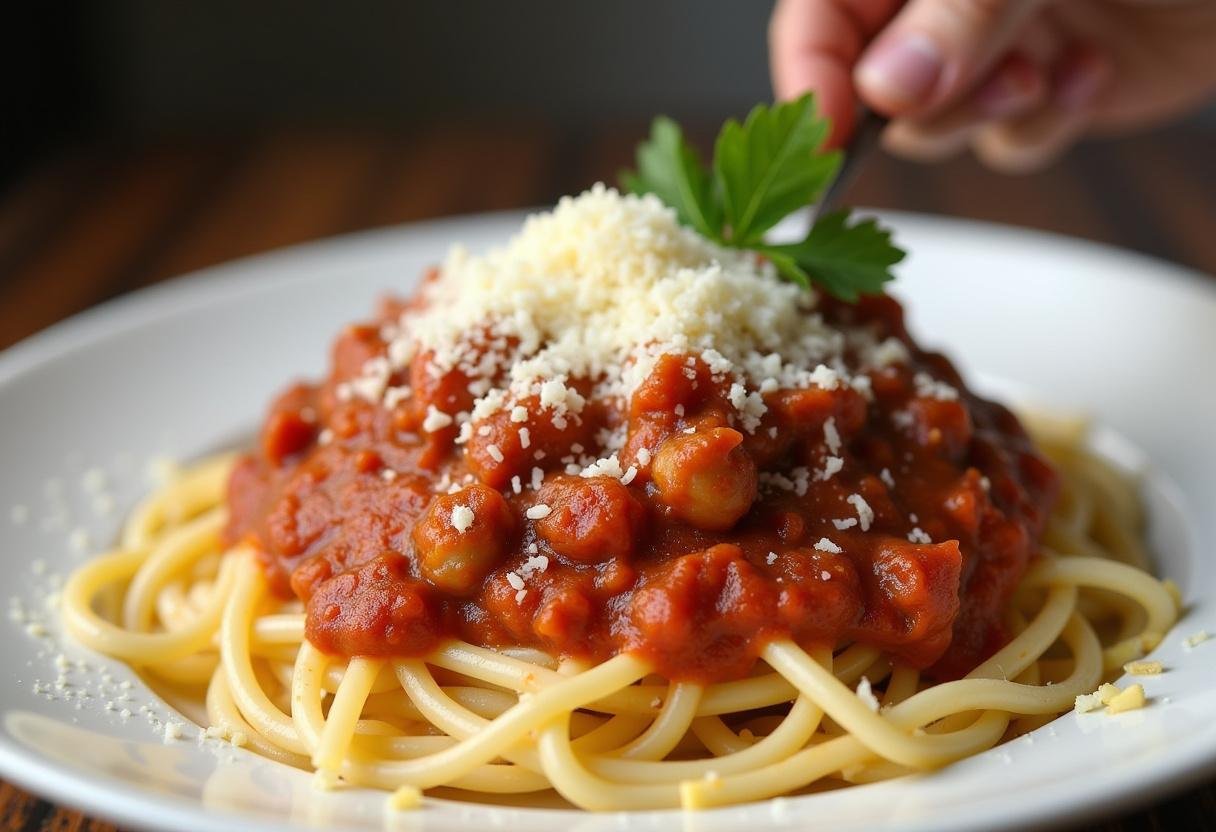 Présentation de spaghetti bolognaise express au Cookeo, assiette garnie de sauce et de fromage rùpé.
