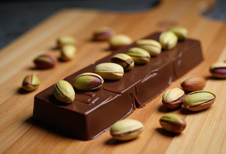 Tablette chocolat pistache croquante finie, décorée de pistaches sur un plateau en bois.