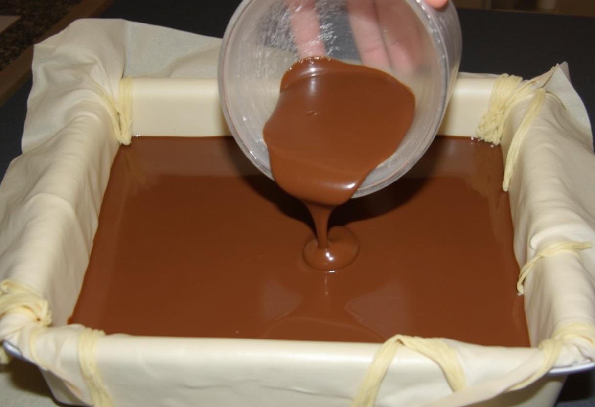Moule Ă tablette de chocolat rempli de chocolat aux pistaches, prĂȘt Ă refroidir.