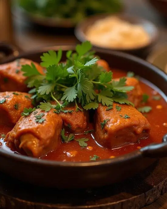 Tajine de poulet aux olives et au citron confit, plat final magnifiquement présenté sur une table rustique entourée de pain croustillant.