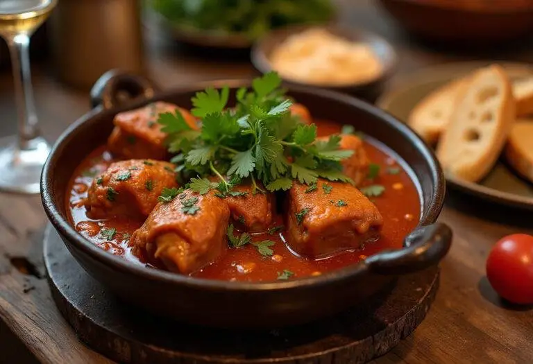 Tajine de poulet aux olives et au citron confit, plat final magnifiquement présenté sur une table rustique entourée de pain croustillant.